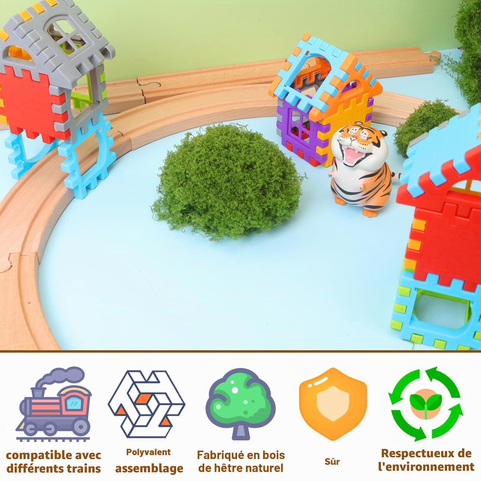 Circuit Train Bois, 20 pièces Train en Bois Enfant, kit de Rails en Bois, Jeu Educatif pour Enfant de 3 Ans et Plus Compatible Marques Traditionnelles