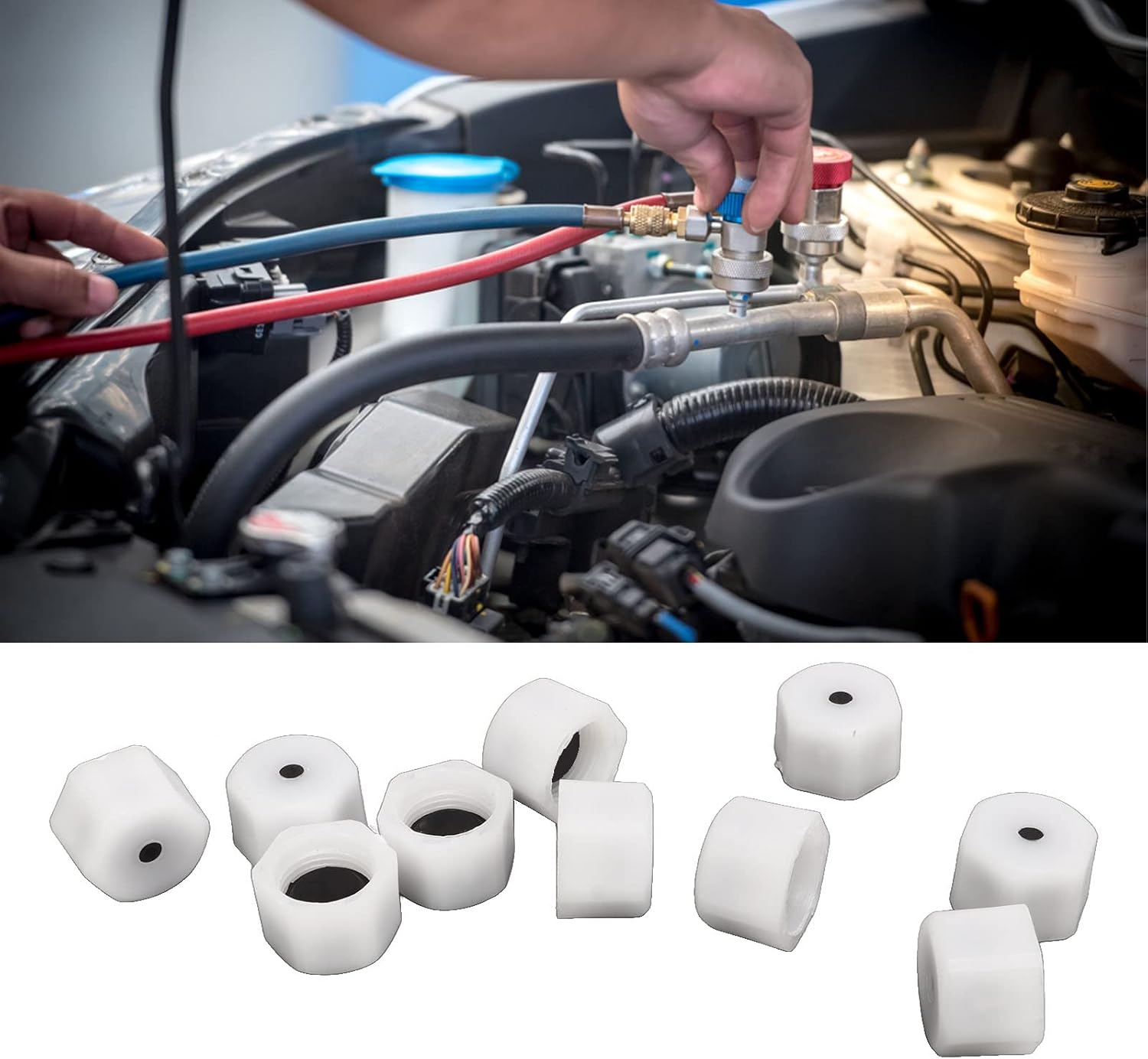 50PCS Car Air Conditioning Valve Caps, AC System Seal Kit, Strong Sealing Compact Size Valve Caps for Cars Trucks Engineering Vehicles with ABS Material (1/2in)