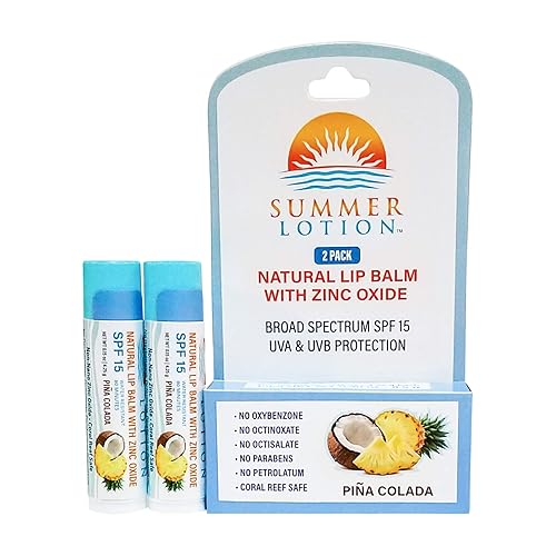 Summer Lotion - Bálsamo labial natural con bloqueo solar de óxido de zinc, protector solar labial SPF 15, paquete de 2, lápiz labial resistente al