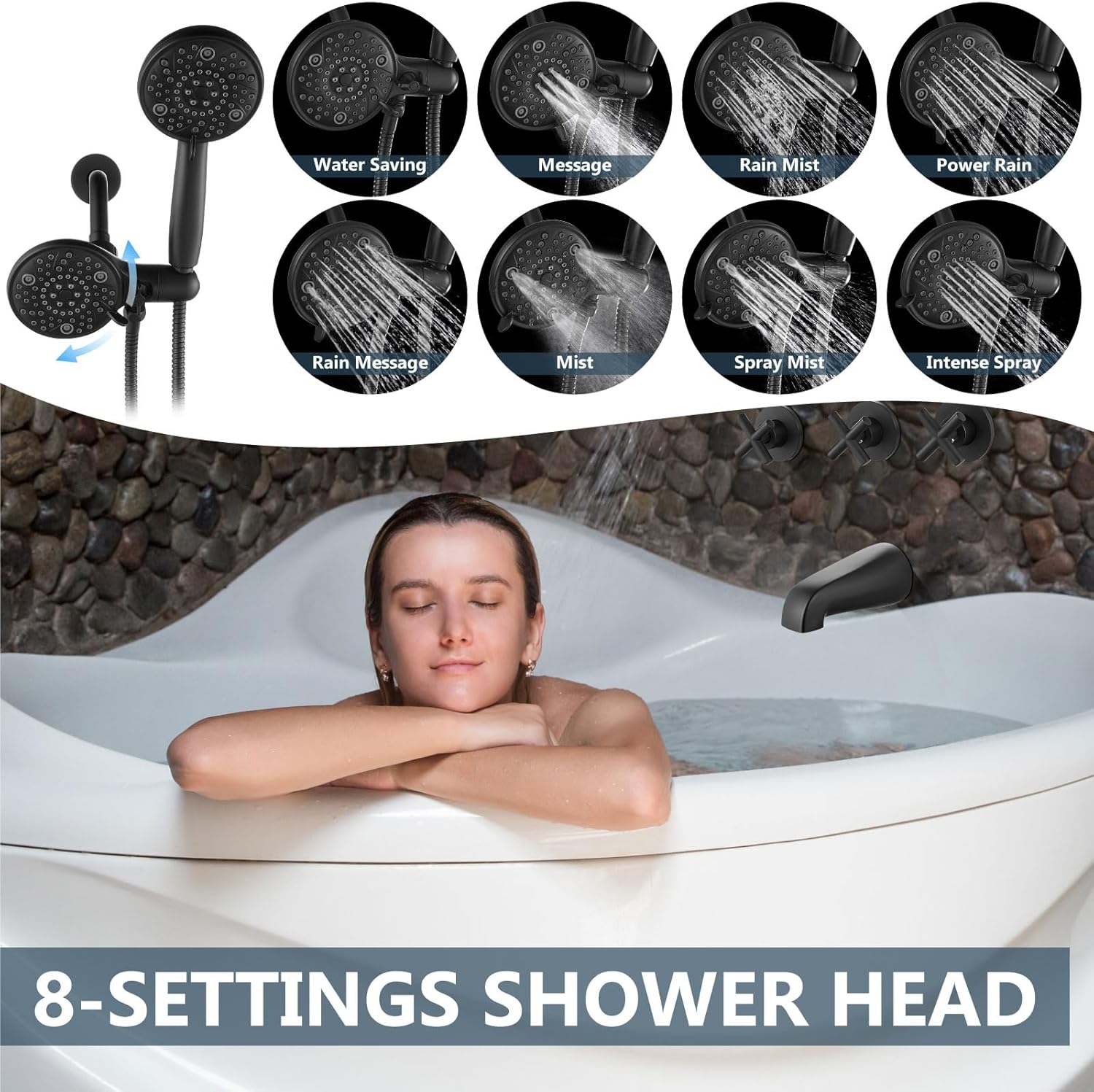 Aolemi 3 Handles Tub Shower Faucet Set with Valve Bathtub Combo Set Dual Shower Head System Complete Trim Kit Wall Mounted Matte Black
