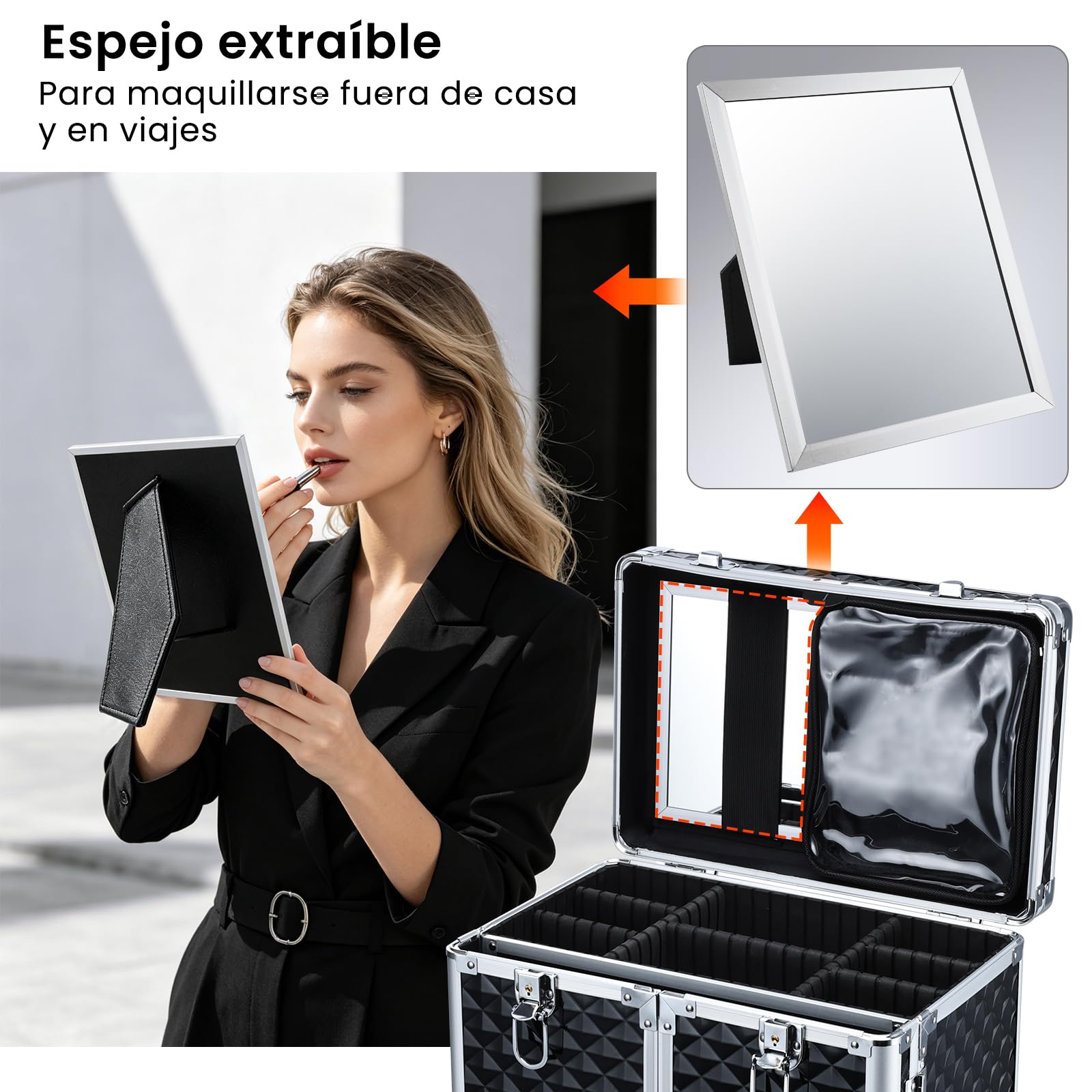 Maleta de Maquillaje con Ruedas Profesional, Maletín de Manicura y Peluquería con Espejo, Cajón Deslizante y Asa Telescópica, Ruedas 360° con Freno, Organizador de Belleza para Salón o Viaje, Negro