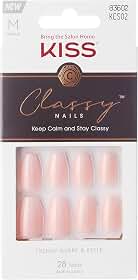 KISS Kit de manicure francês clássico com acabamento em gel, médio, em forma de caixão, inclui cola de unha rosa (peso líquido de 2 g), mini lixa de unha, bastão de manicure, 28 unhas falsas