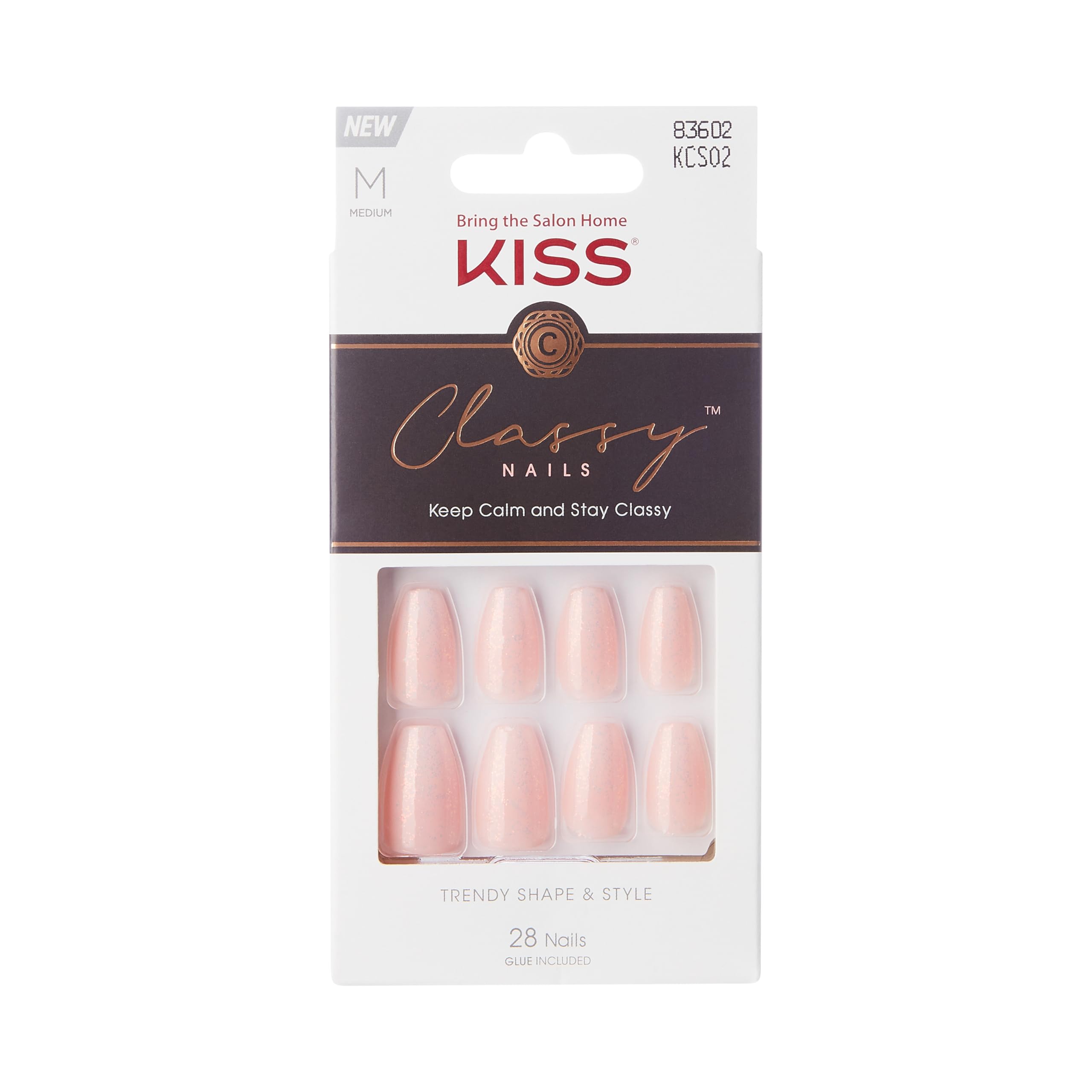 KISS Classy French Nail Manicure Kit with Gel Finish,Medium,Coffin Shaped,Includes Pink Nail Glue (Net Wt. 2 g / 0.07oz.),Mini Nail File,Manicure Stick, 28 Fake Nails,Cozy Meets Cute,28 Count