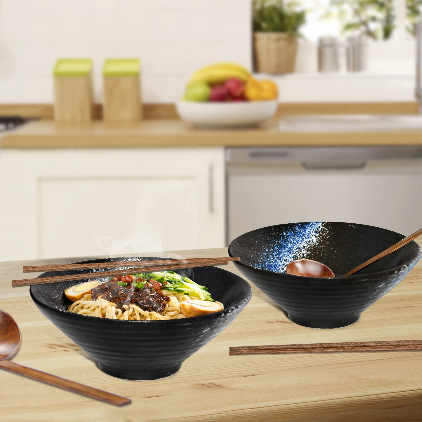 Ramen kom set, 2 stuks Ramen bowl met lepel en eetstokjes, premium antislip soepkommen, Ramenkommen 1000 ml, Grote soepkom, Japans serviesgoed set voor Ramen, noedels, salade