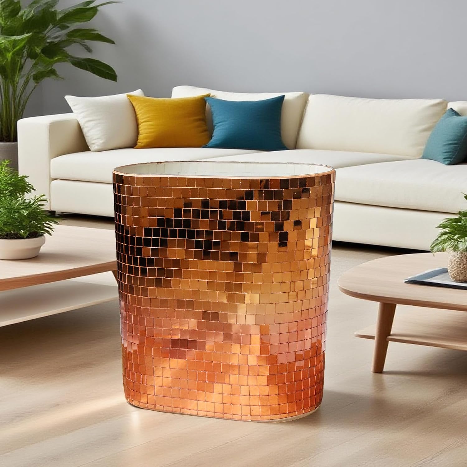 WDHODEC Rose Gold Mosaic Waste Basket (9.8" Tall) | Narrow Oval Decorative Trash Can for Bathroom Vanity & Toilet Side | Luxury Handcrafted Mirror Accent Dual-Use Flower Vase