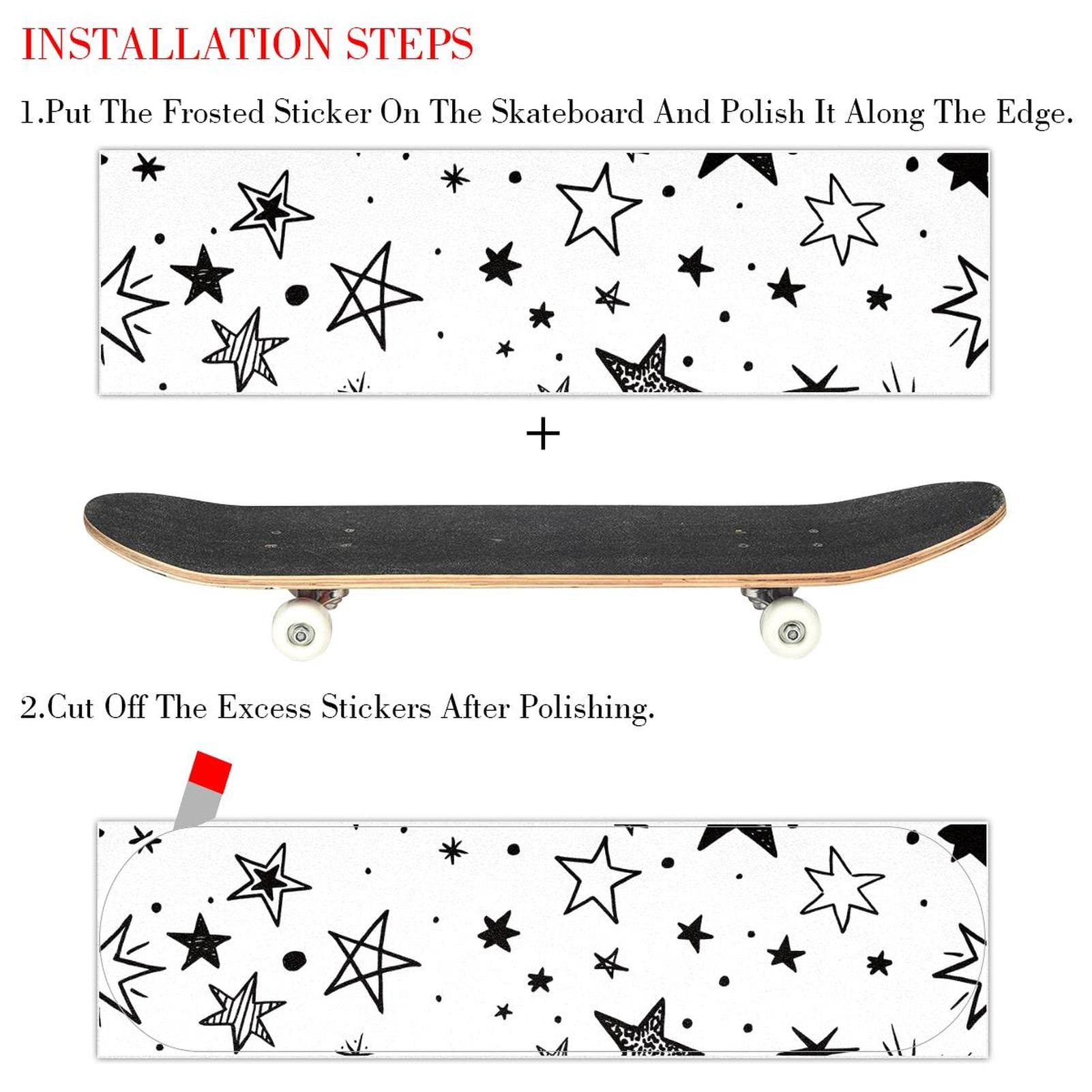 Lot de 2 feuilles de papier abrasif pour skateboard Motif étoiles Noir/blanc