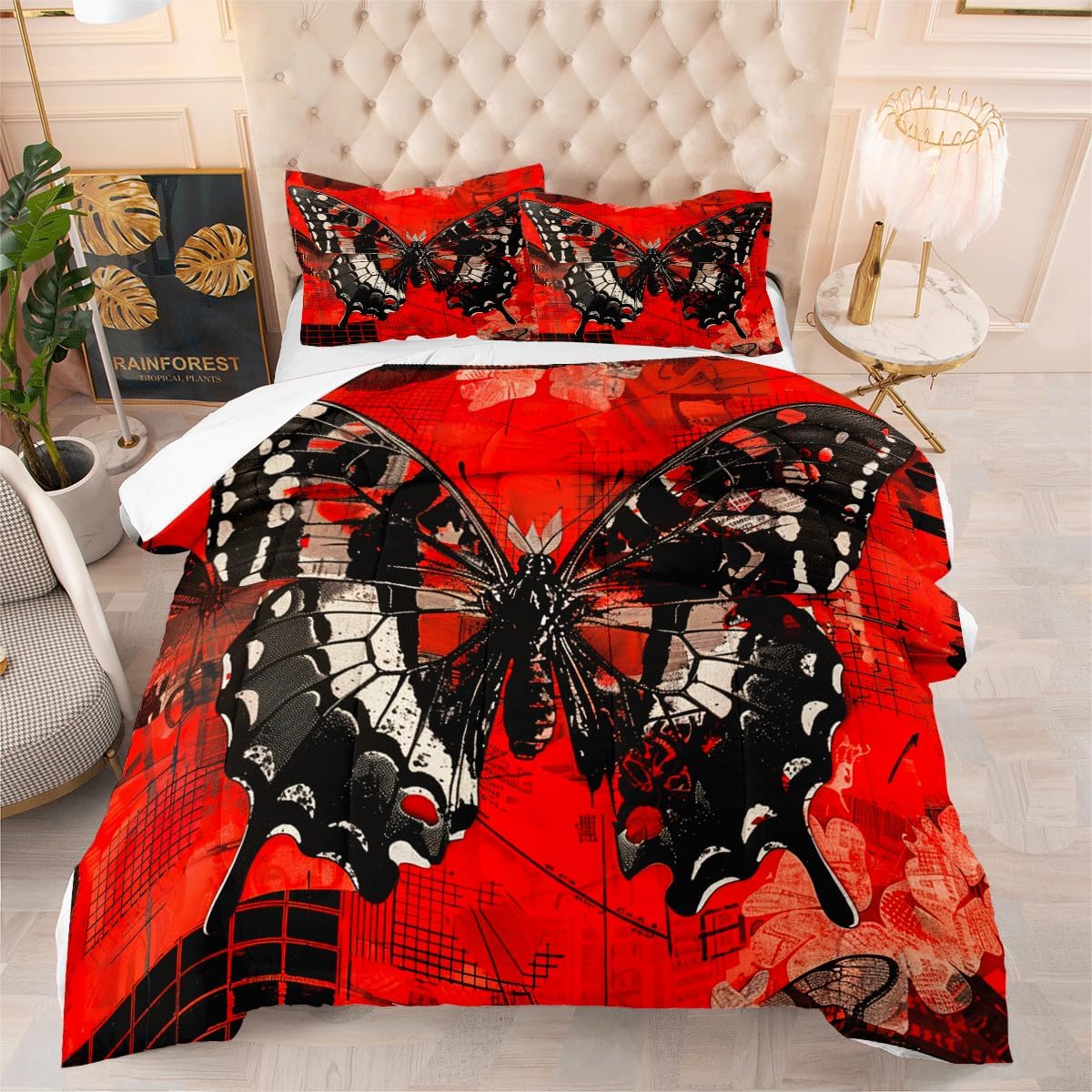 Butterfly Comforter Set Black Butterfly Bedding Set King Size Chic Boho Butterfly Print Bedding Set 3Pcs with 2 Pillowcases Red