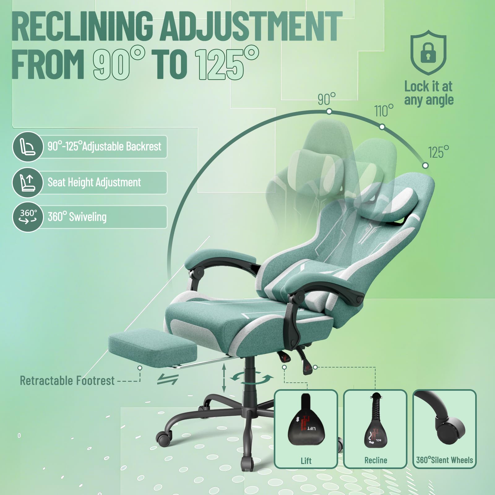 Chaise de Gaming Ergonomique avec Fonction Massage, Repose-Pieds, Oreiller Amovible, accoudoirs intégrés, Charge maximale : 110 kg, Chaise PC, pour Bureau et Maison, Verte