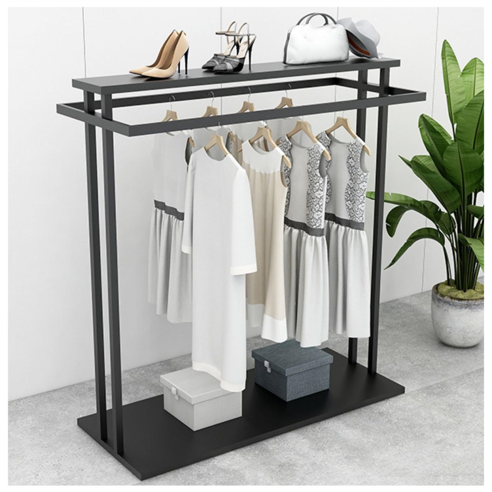 JKJZSALJ Commercial Garment Rack With Double Hanging Rods And Shelves,Sturdy Floor-Standing Display Stand For Retail Stores,Boutiques,And Laundry Areas,Style 2-150×50×150cm