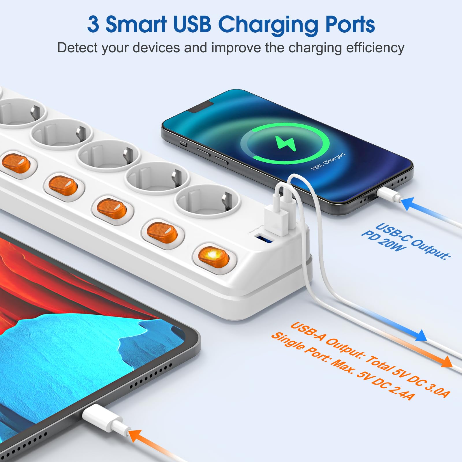 Regleta Enchufes con USB,Regletas Enchufes de 6 Tomas Corrientes,2 Puertos | USB-A y 1 USB-C(PD 20W),Enchufe Multiple 3680W/16A con interruptores individuales y Protección Infantil,Cable de 3M,Blanco