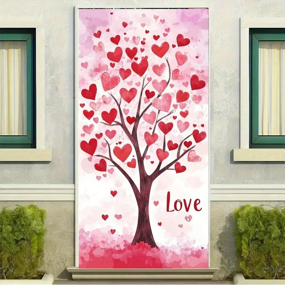 Flaga na drzwi 2D – romantyczne drzewo miłości z materiału winylowego z czerwonym sercem, nadaje się jako dekoracja na Walentynki. 440 x 300 cm