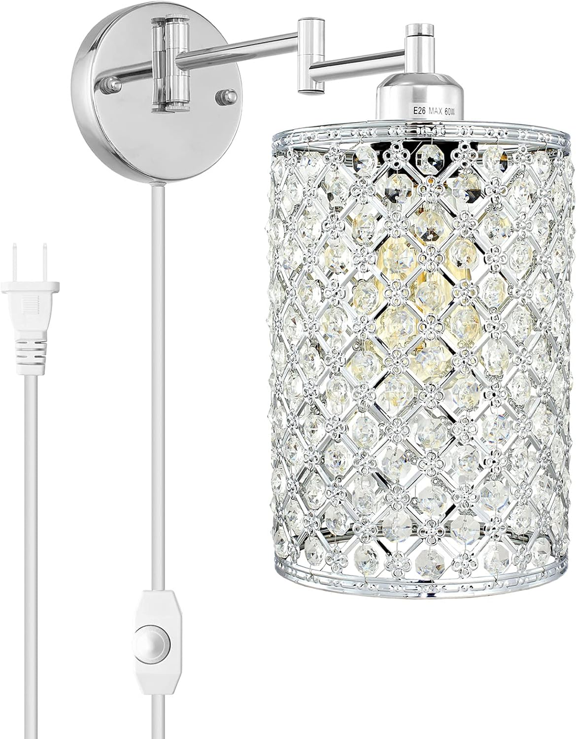 1-Light Wall Lamp Modern Style Metal Round lampshade Decorative Dimmable Crystal E26 Base Wall Lights Industrial Swing Arm Wall Sconce for Home Decor Plug-in Wall lamp 67.59 inch Cord