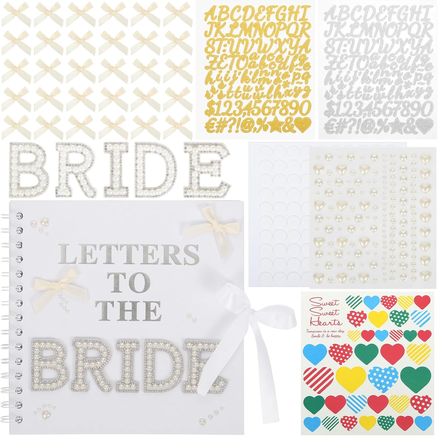 Letters to The Bride Scrapbook Kit - 8x8 Inch Wedding Memory Book & Guest Book with “BRIDE” Pearl Letters, Bows & Heart Stickers - DIY Wedding Memory Album for Bridal Shower, Engagement Gift