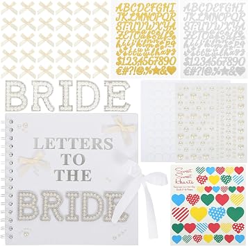 Letters to The Bride Scrapbook Kit - 8x8 Inch Wedding Memory Book & Guest Book with BRIDE Pearl Letters, Bows & Heart Stickers - DIY Wedding Memory Album for Bridal Shower, Engagement Gift