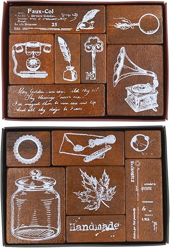 Cliocoo Juego de 14 sellos de goma de madera, juego de sellos de madera decorativos vintage, sellos para manualidades artísticas, diario, álbum de