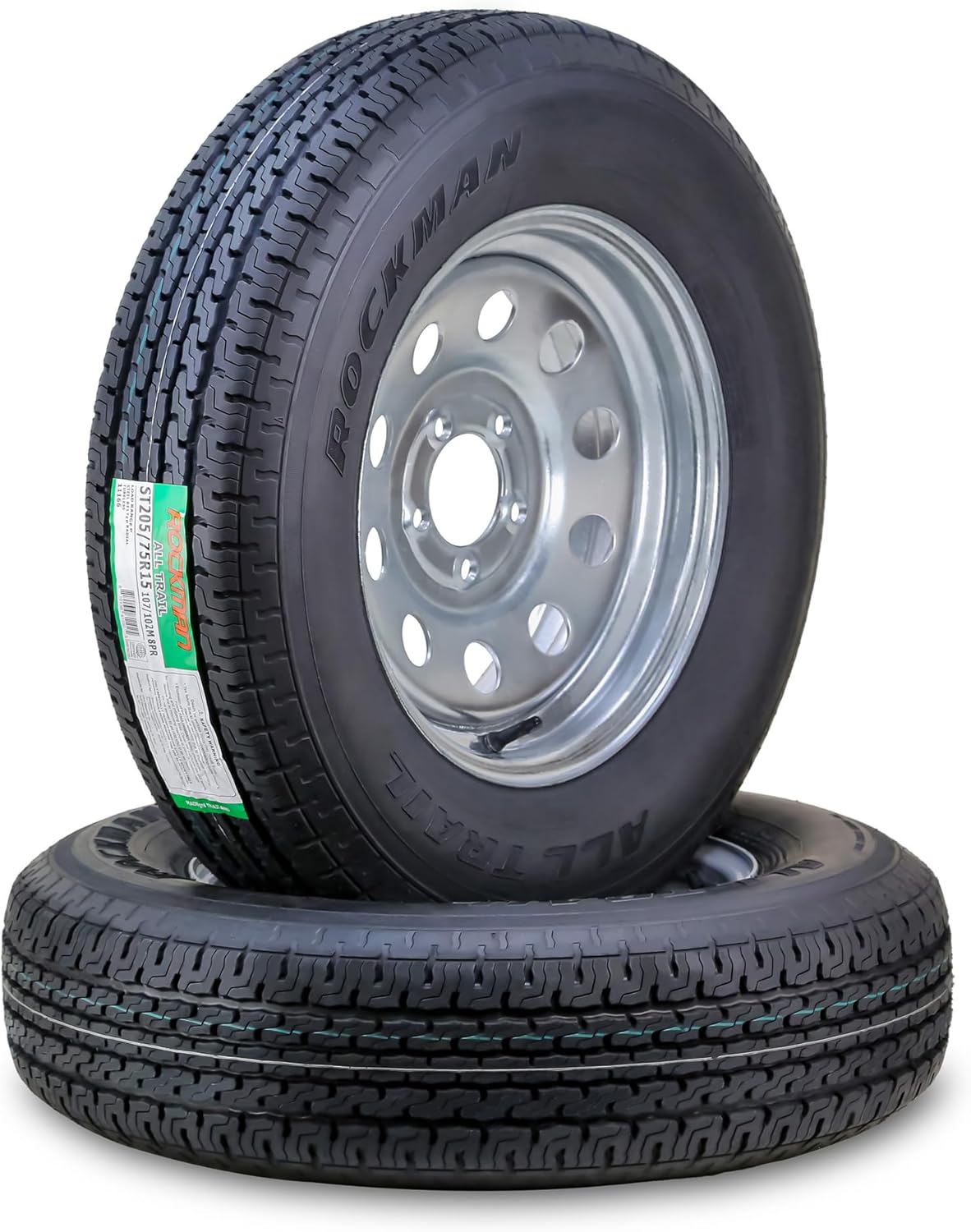 ROCKMAN Trailer Tire Wheel Assembly ST205/75R15 8-Ply D 107M 5 Lug on 4.5" PCD Galvanized Mod Rim,SET 2