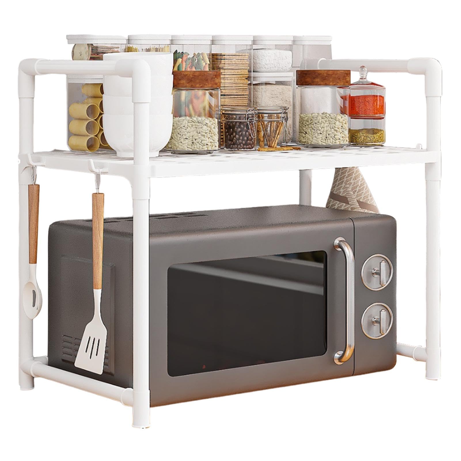 Estante para microondas, estantes de Cocina, Organizador de encimera, Estante de Almacenamiento Ajustable Resistente con Ganchos, estantes de Almacenamiento para ollas y Parrillas para Cocina