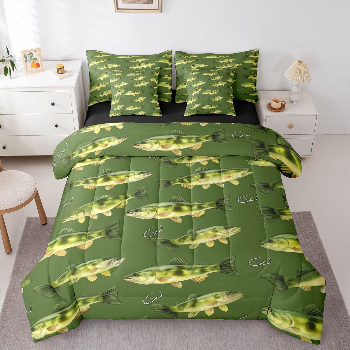 Erosebridal Bass Fish Queen Comforter Set with Sheets 7 Piece Bass Fishing Bed in A Bag Fishing Hook Bedding Sets for Kids Adults,Marine Life Bed Set