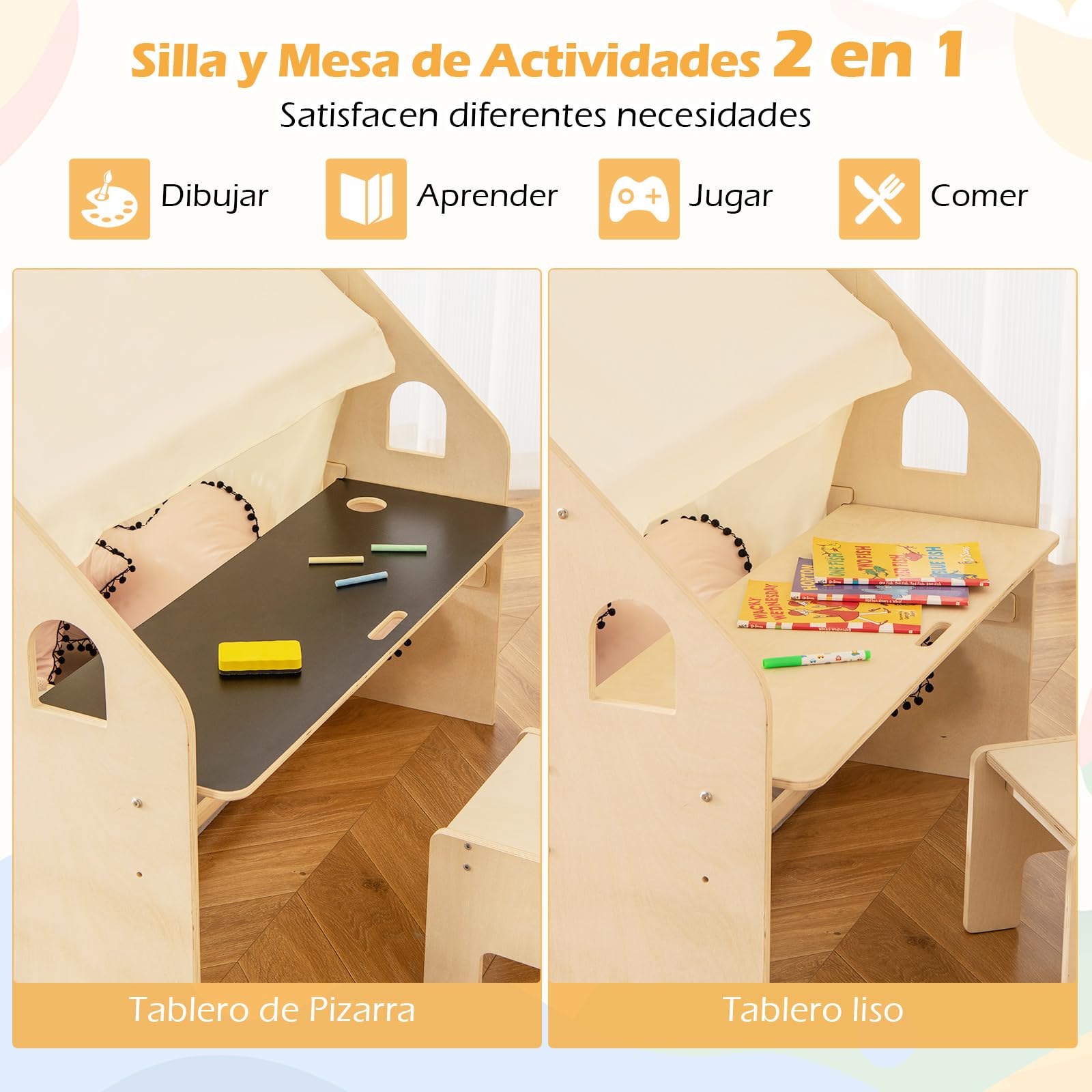 GOPLUS Tienda de Campaña de Madera para Niños de 2-6 Años, Tienda de Juego 6 en 1 con Mesa y Silla Infantil de Altura Ajustable con Pizarra, Colchón de Espuma, 6 Cajas para Juguetes, Carga Máx 60kg