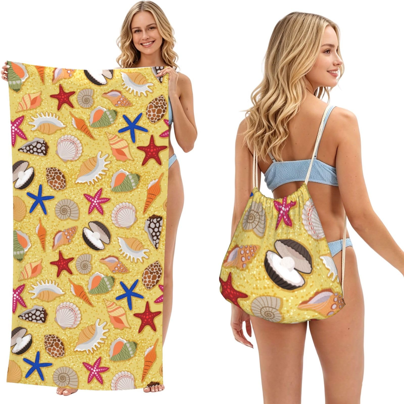 Poadnly Beach Sand Background With Sea Shells, 2 in 1 Packable Towel Bag, Beach Towels with Drawstring Backpack for Travel Holiday Camping