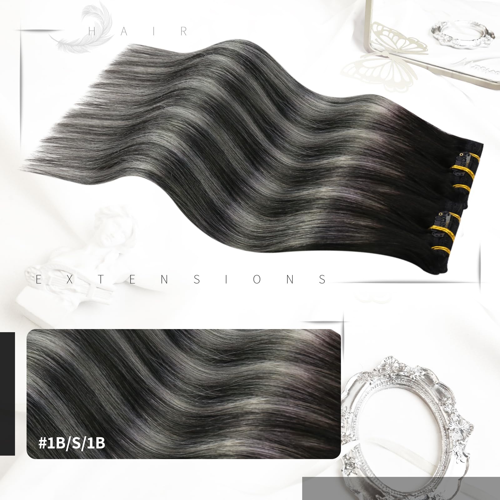 Moresoo Clip in Hair Extensions Real Human Hair Black Ombre to Silver Clip in Human Hair Extensions 24 Inch Remy Straight Hair 7 Pieces/120g #1B/S/1B - Image 2