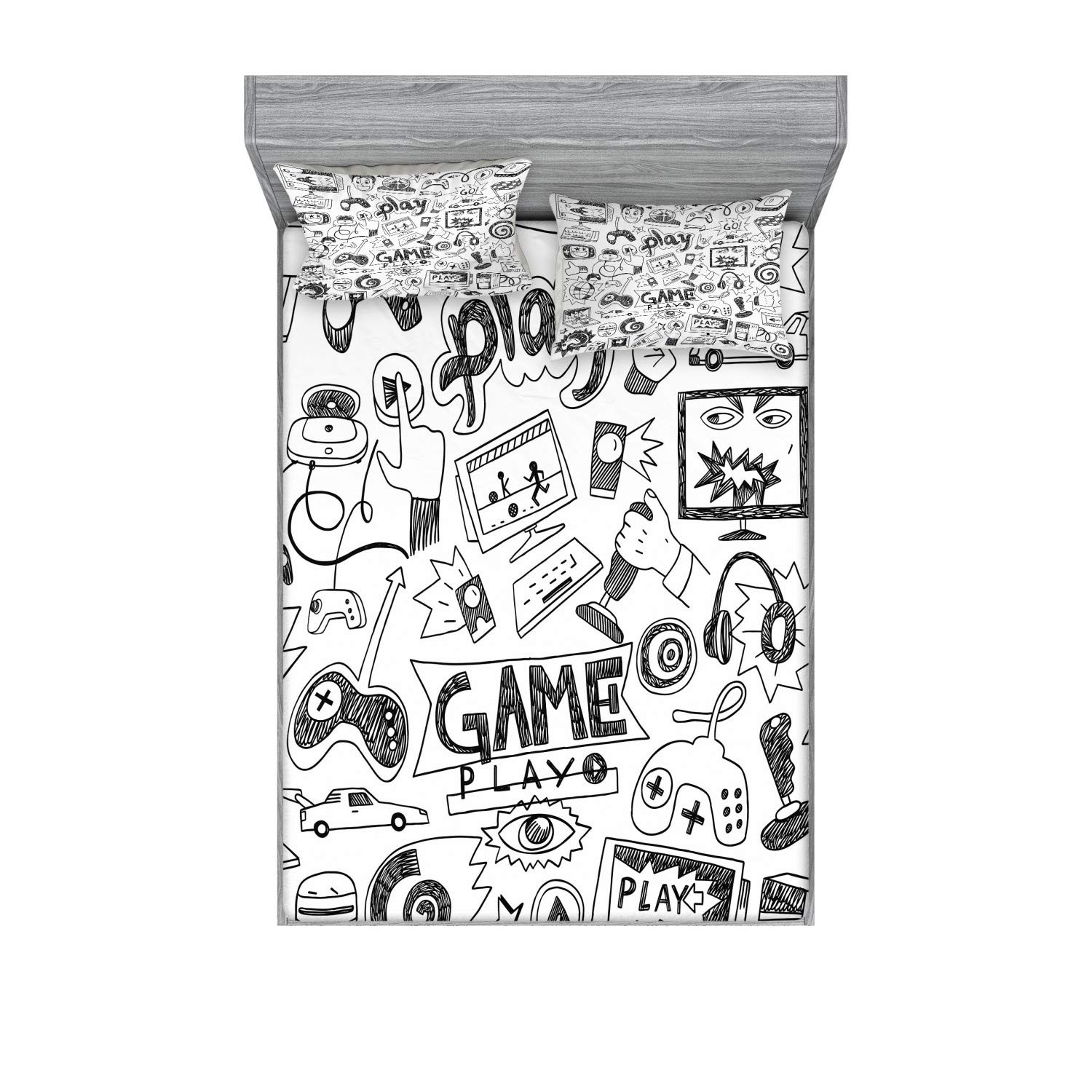Ambesonne Video Games Fitted Sheet & Pillow Sham Set, Monochrome Sketch Gaming Design Racing Monitor Device Gadget Teen 90's, Decorative Printed 3 Piece Bedding Decor Set, Calking, Charcoal Black