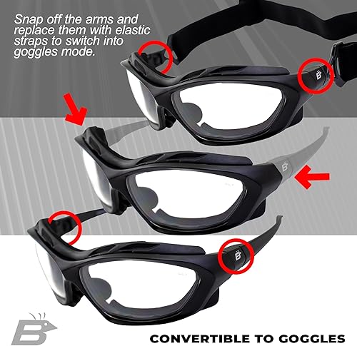 Miniatura 2 de Birdz Gafas de sol acolchadas para motocicleta, gafas de seguridad para conducción, ANSI Z87.1, convertibles a gafas, 2 pares, marco negro con
