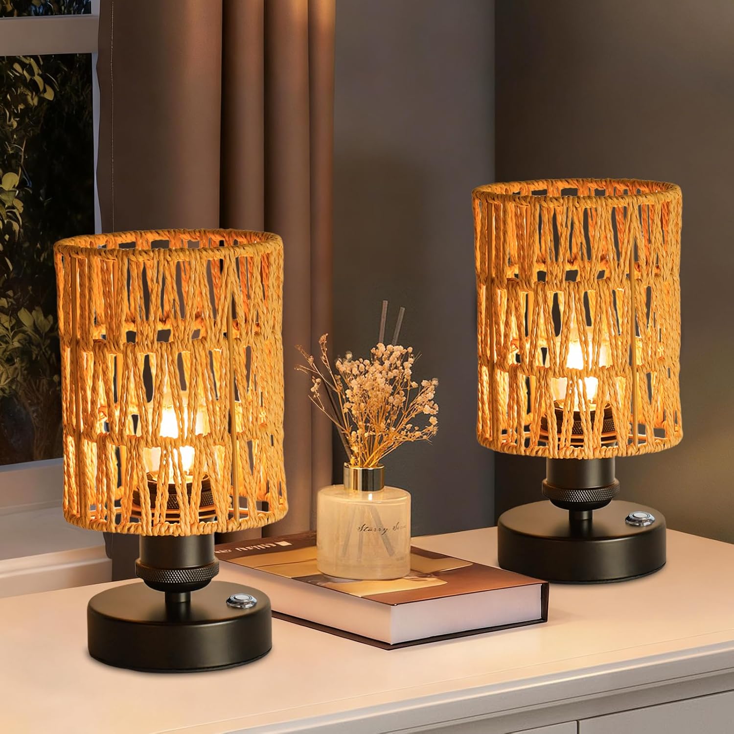 Wireless Table Lamp Charging Set—2 Piece Beige,4000mAh Rechargeable Table Lamp,Touch-sensitive Button Dimming,Ideal for Bedrooms,Bathrooms and Dining Rooms,Includes Woven Lampshade and Warm Light Bulb