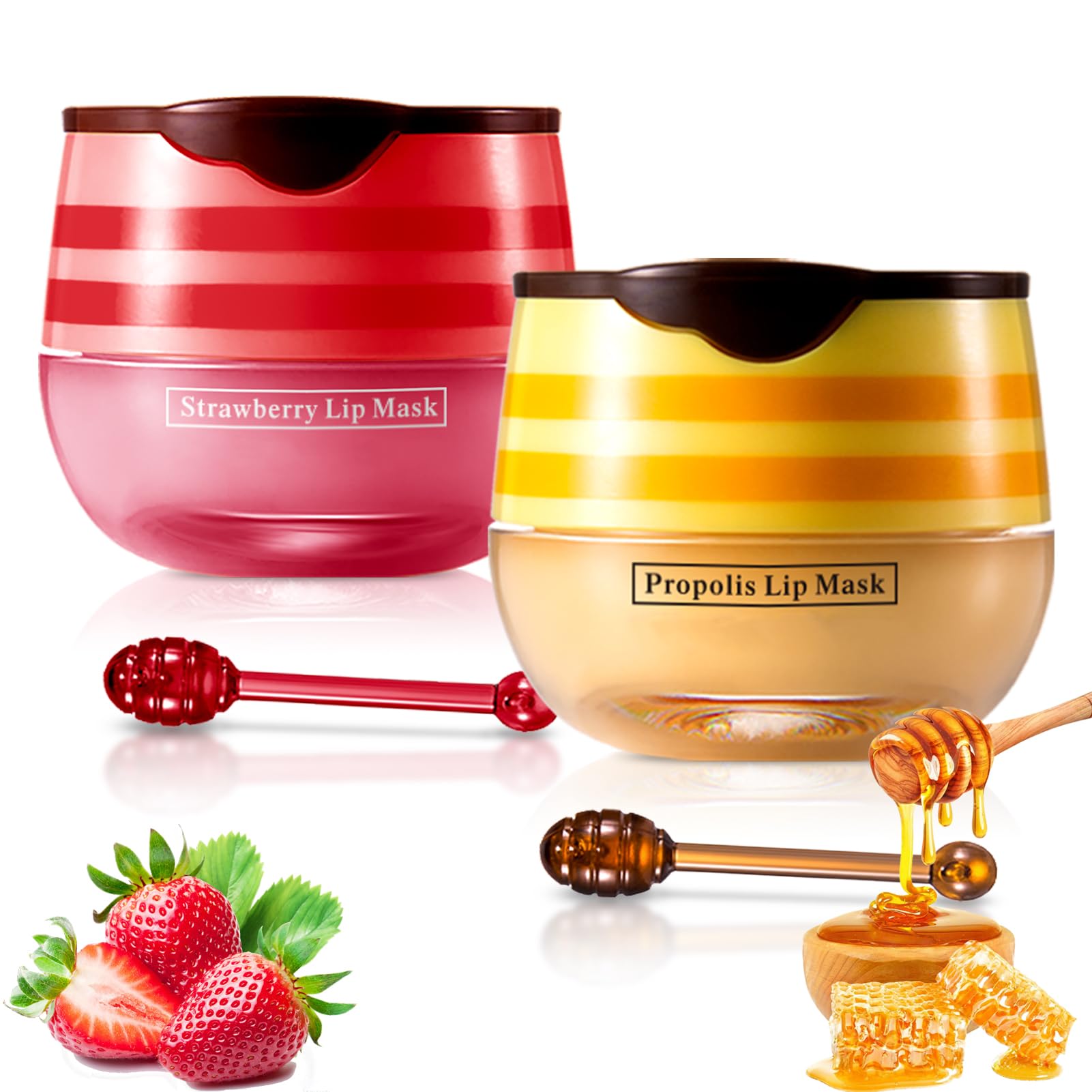 Bálsamo Reparador de Labios, Máscara labial, Lip Mask Hidratante Labios Secos y Agrietados, Mascarilla Labios Noche y Tratamiento Reparador Labial y Protector Labial (Miel y Fresas)