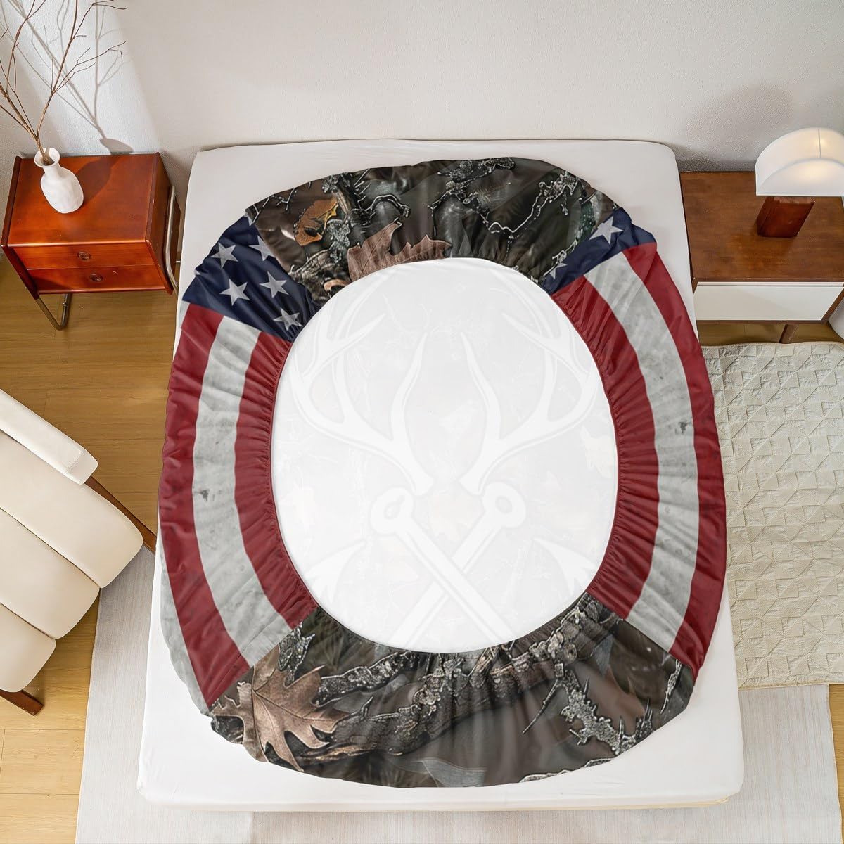 Homewish Deer Antler Fishing Fitted Sheet Queen Size,Boys Vintage American Flag Bedding Set for Kids Teens Men Room Decor Brown Jungle Branches Camo Bed Sheet Adventure Hunting Deep Pocket Sheet 3Pcs
