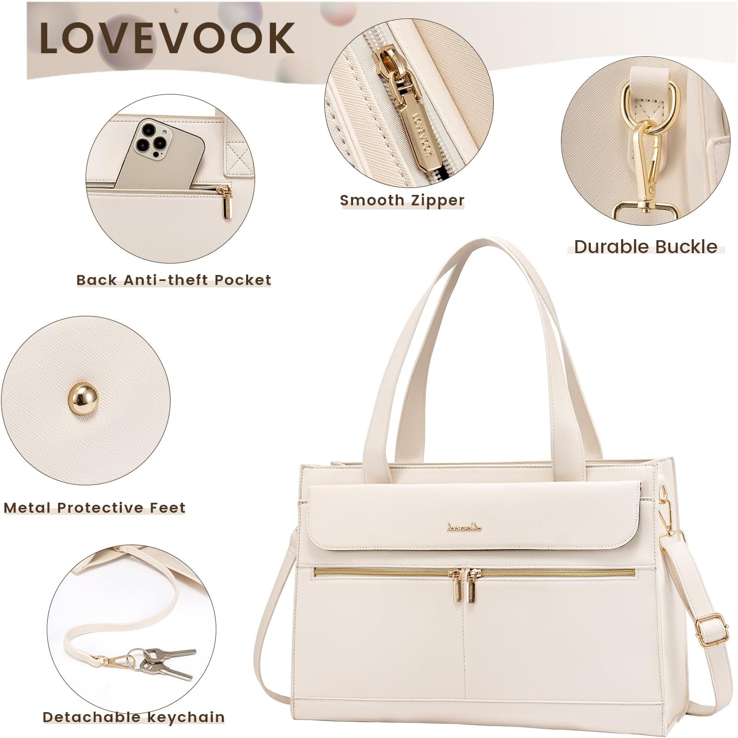 LOVEVOOK Laptop Bag for Women 15.6 Inch Tote Work Professional Leather Computer Briefcase Waterproof Handbag Shoulder Large Capacity Business Teacher Office Crossbody Purse, 206# Beige White - Image 3