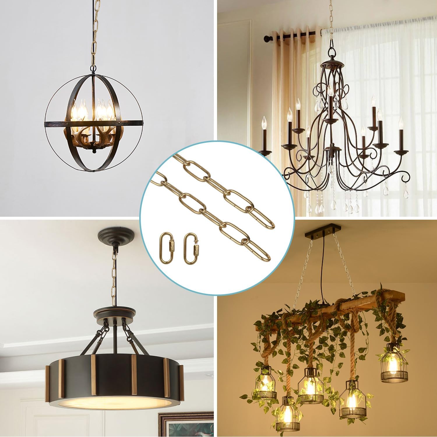 Helunsi Lighting Chain, 6 Feet Imitation Copper Light Fixture Chain, Metal Chandelier Chain Extension with Connection Link Lock, Heavy Duty Hanging Chain Lamp Fixture Pendant Ceiling Decorative Kit 6' - Image 2
