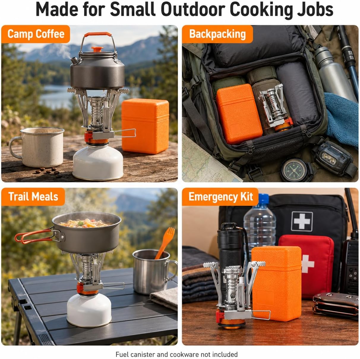 KUBQLIG Portable Camping Stove with Piezo Ignition, 3000W Mini Backpacking Gas Burner for 7/16 Threaded EN417 Fuel Canisters, Wind-Resistant Folding Camp Stove for Hiking Outdoor Cooking