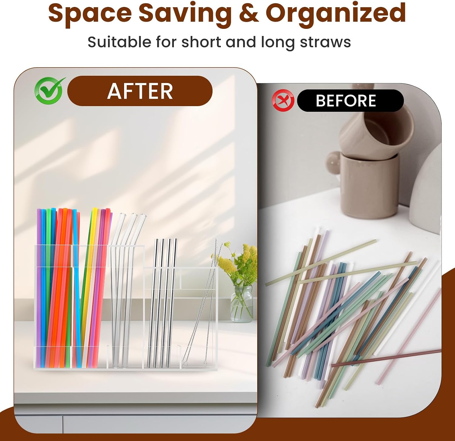 Acrylic Straw Dispenser Organizer - Reusable Metal Straw Holder for Countertop & Cabinet Storage - Ideal for Tumbler Cups, Keep Straws Neat & Accessible, Compatible with Long & Short Straws (Clear)