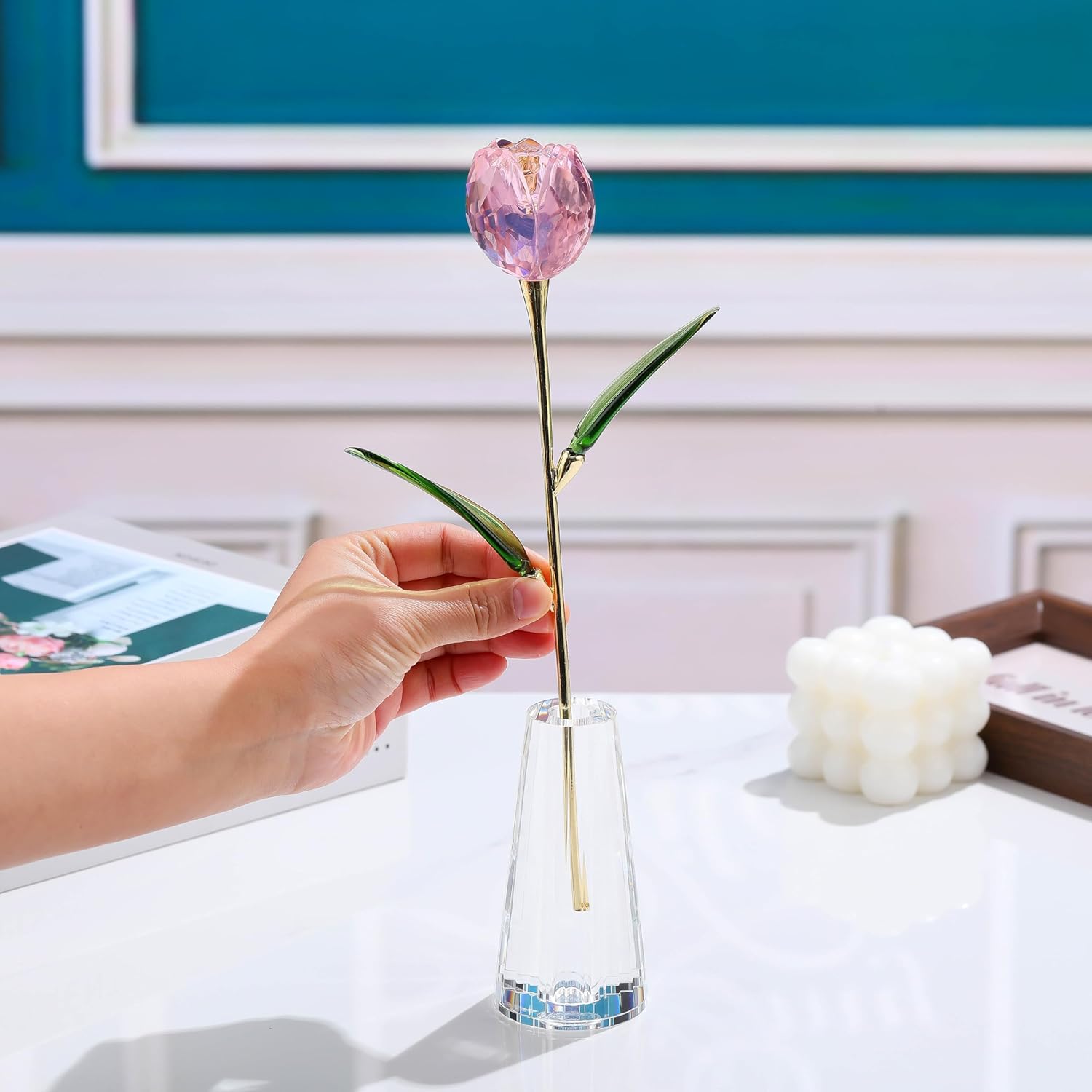 Pink Crystal Tulips Flowers with Stems - Glass Flowers with Vases Home Decor Collectible Figurine Paperweight Tulip Gifts for Women Mom Bestfriend Wedding Anniversary Mothers Day - Image 5