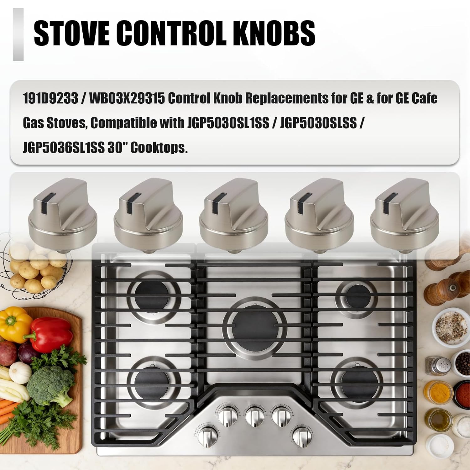 WB03X29315 WB03X29629 Stove Knob Stainless Steel Cooktop Knob Compatible with GE JGP5036SLSS, JGP5036SL1SS, JGP5036SL2SS, JGP5036SL3SS, 5 Pack by Suifaqi