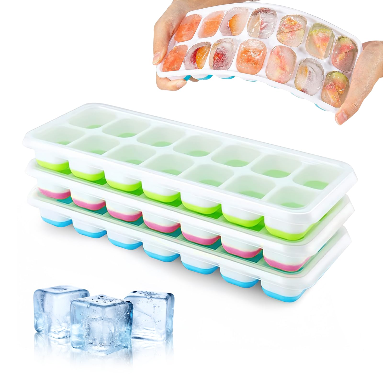 Wennala Silikon-EiswürfelbehäLter Mit Deckel,Platzsparend Und Stapelbar Ice Tray Ice Cube,3 Stück EiswüRfelbehälter Mit Deckel,Silikon Eiswürfel,ice cube tray,eiswürfelform
