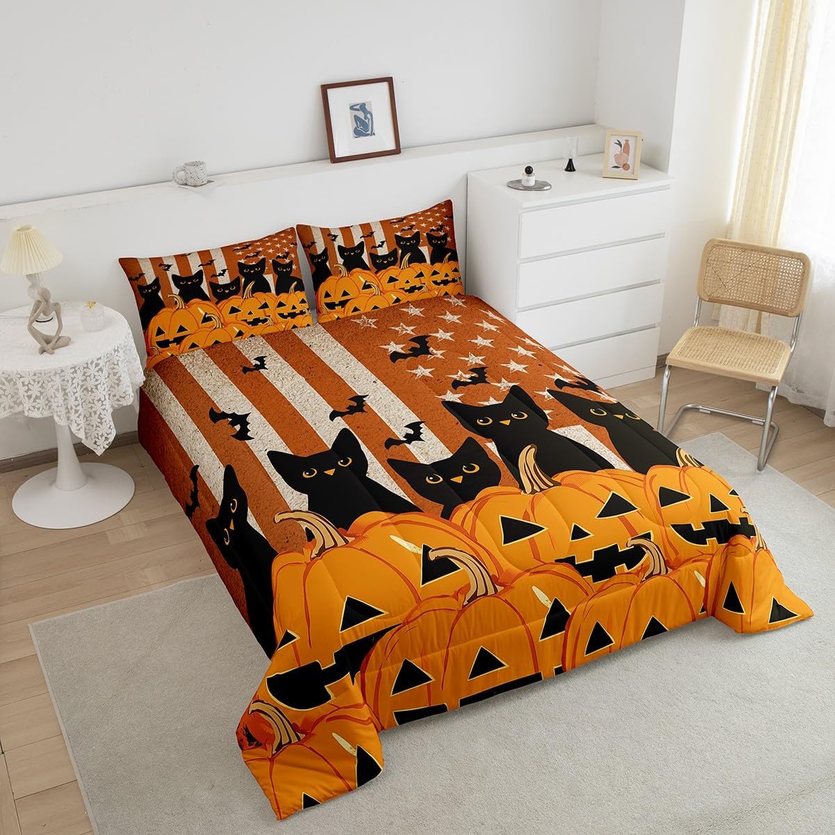 Feelyou Kids Black Cats Comforter Set Twin Size Halloween Pumpkin Lantern Comforter for Boys Girls Cute Kitten Scary Bats Decor Bedding Set American Flag Quilt with 1 Pillow Case Boys