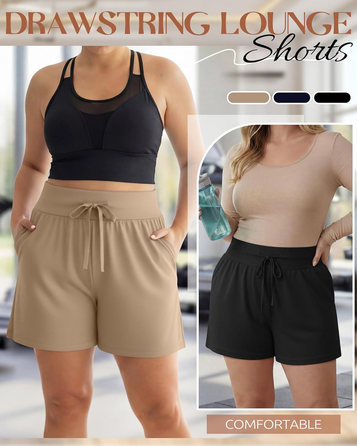 Neer 3 Pack Women's Plus Size Sweat Shorts, Drawstring Lounge Shorts Casual Summer Lightweight Soft Shorts with Pockets - Image 5