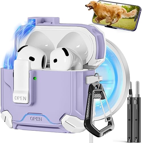 Funda compatible con AirPods 4, bloqueo automático magnético con soporte para teléfono y kit de limpieza, compatible con funda Magsafe, color morado