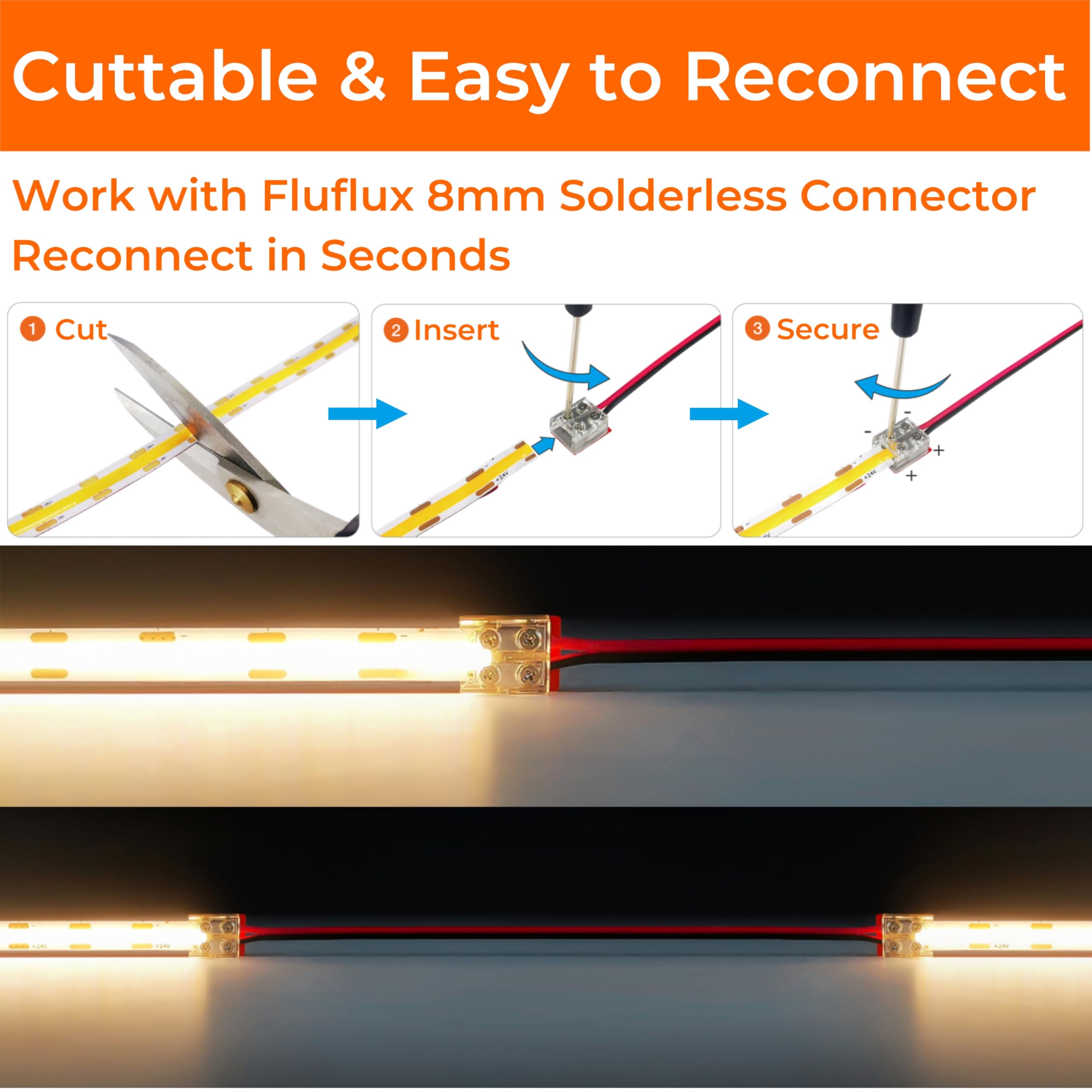 Taśma LED COB z naklejką VHB 16,4 m bez ciągłych kropek zimna biel 4000 K wysoki CRI 95 24 V DC 3 W/FT certyfikat UL lustro LED