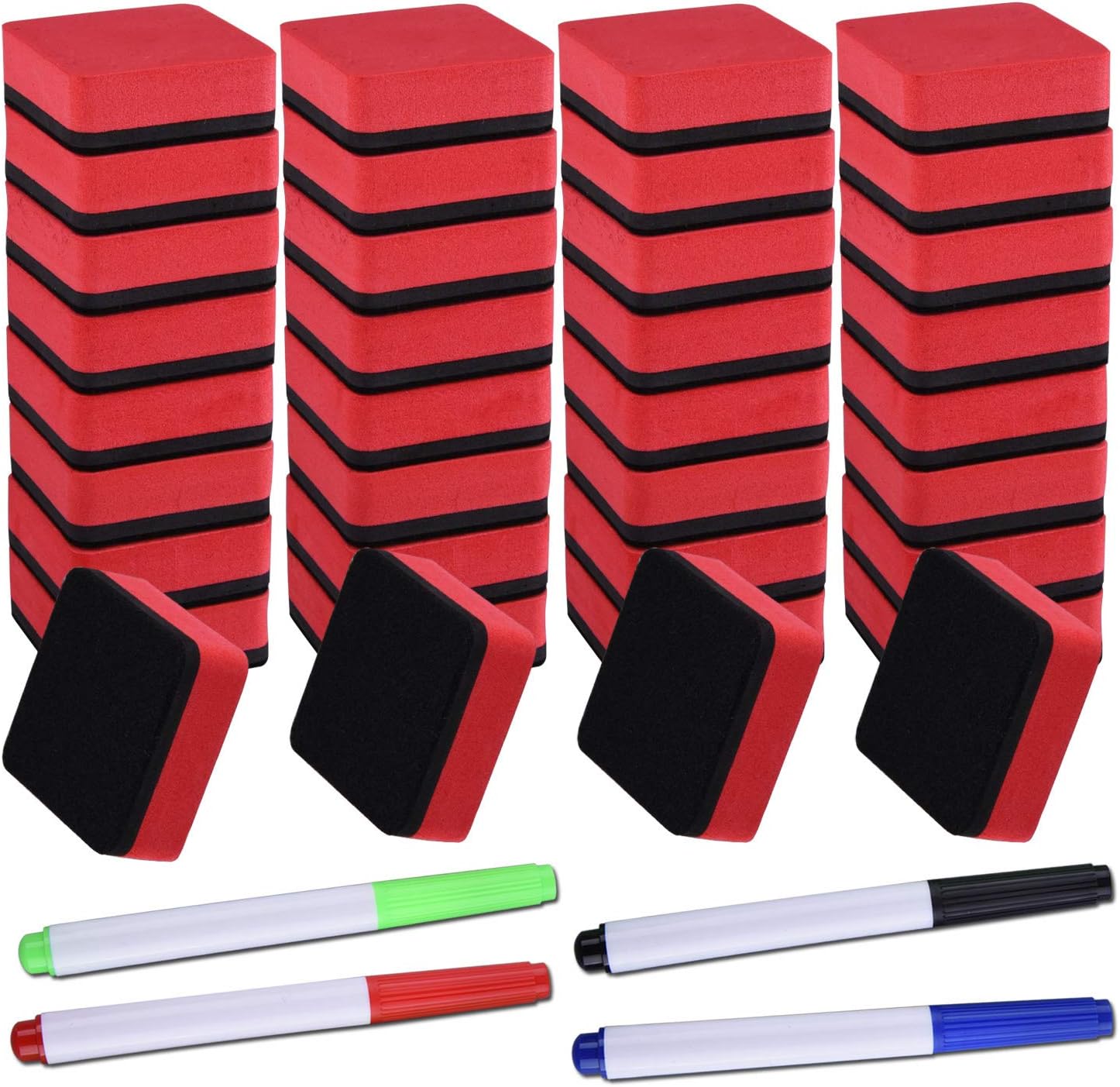 SIQUK 36 Packs Dry Erase Eraser Magnetic Whiteboard Eraser Red Chalkboard Cleansers Wiper(1.97 x 1.97 Inches) with 4 Pieces Whiteboard Markers : Office Products