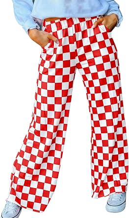 Womens Checkered Pants Wide Leg Lounge Pajama Bottoms with Pockets