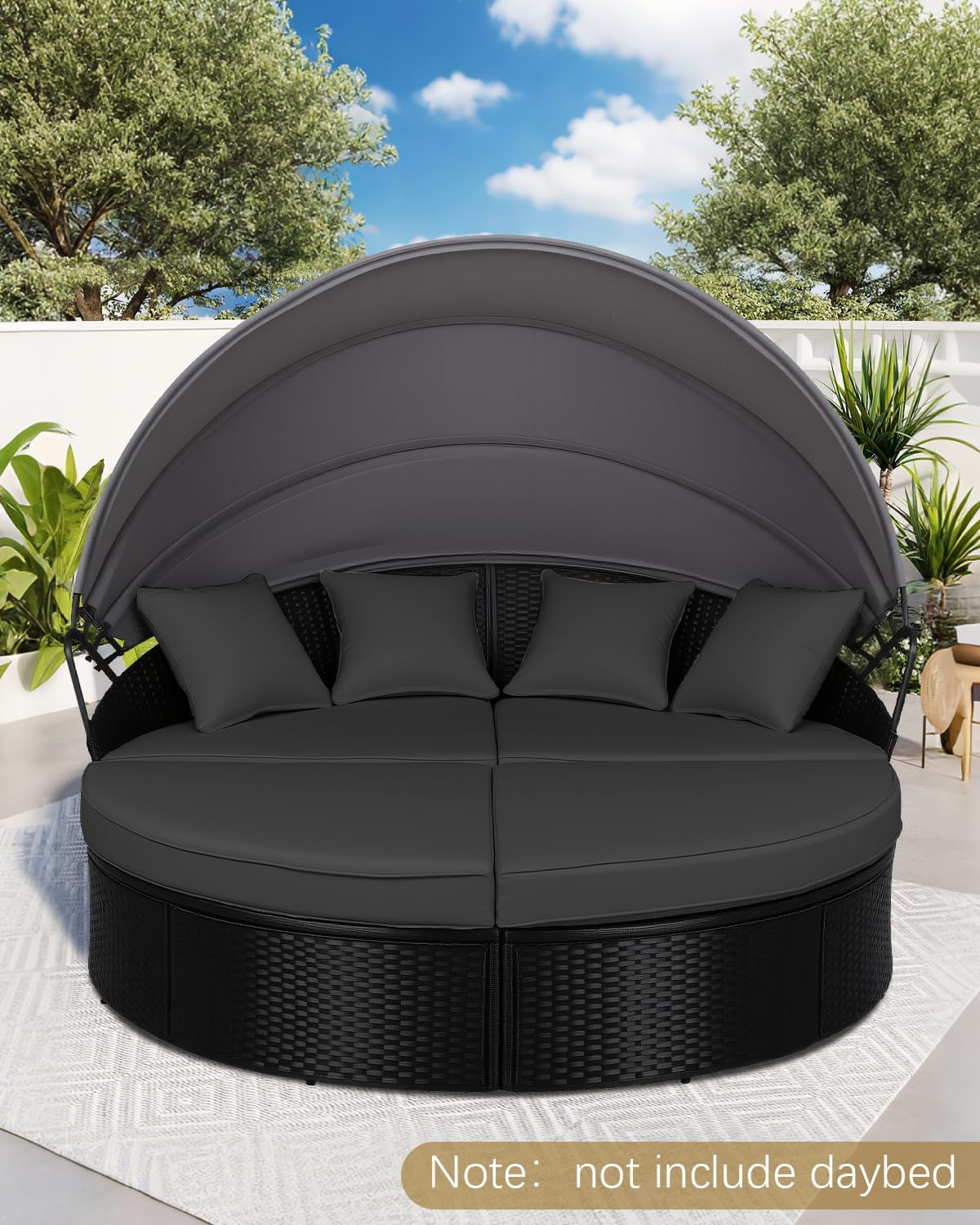 SUNCROWN Replacement Sun Bed Cushion, Outdoor Round Daybed Cushion with Weather Resistant and Fade-Resistant Cover, Patio Furniture Seat, Black