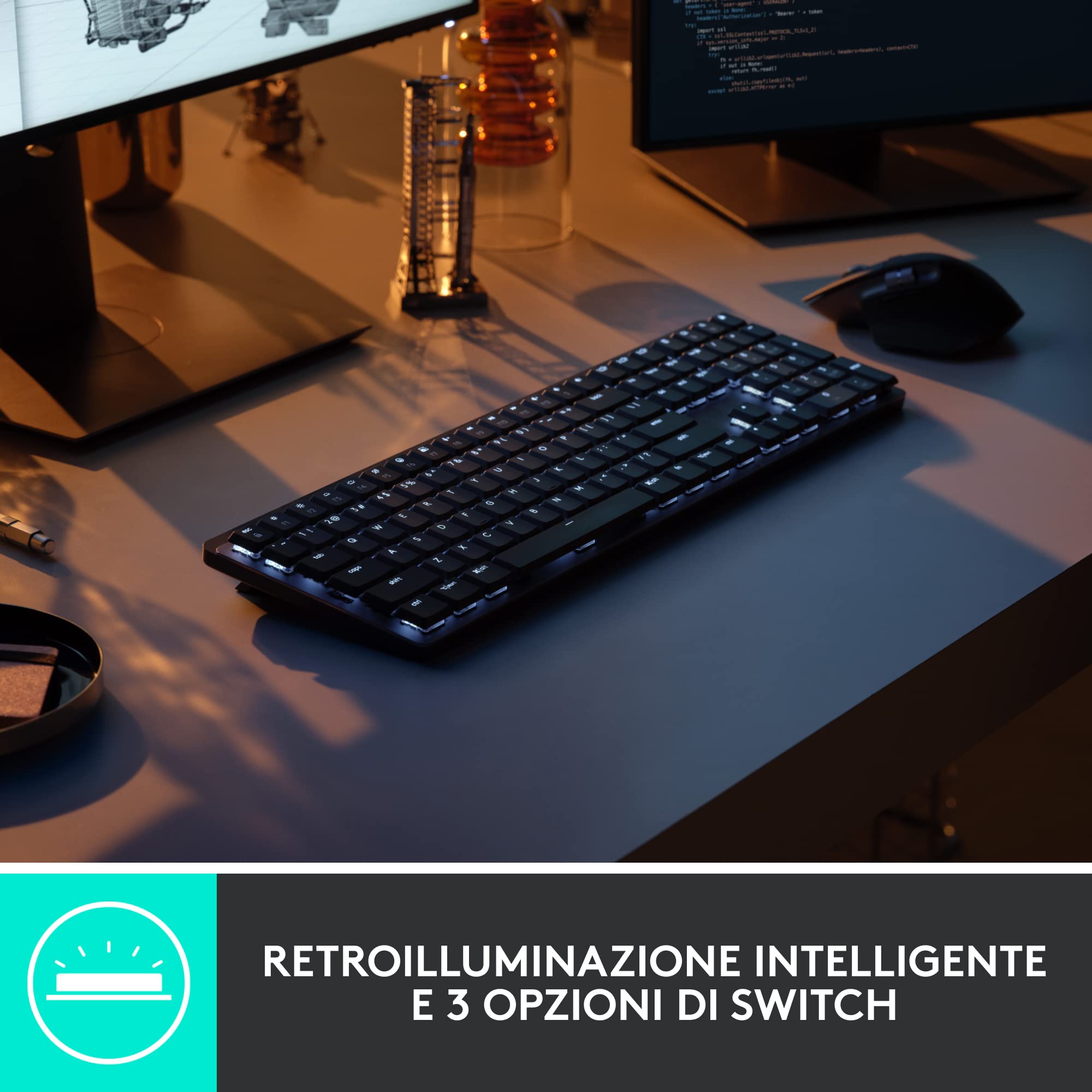 Logitech Kit MX Mechanical - tastiera wireless standard illuminata, Tactile Quiet e mouse wireless Bluetooth MX Master 3S Performance, macOS, Windows, Linux, iOS, Android, US Internazionale - Grigio