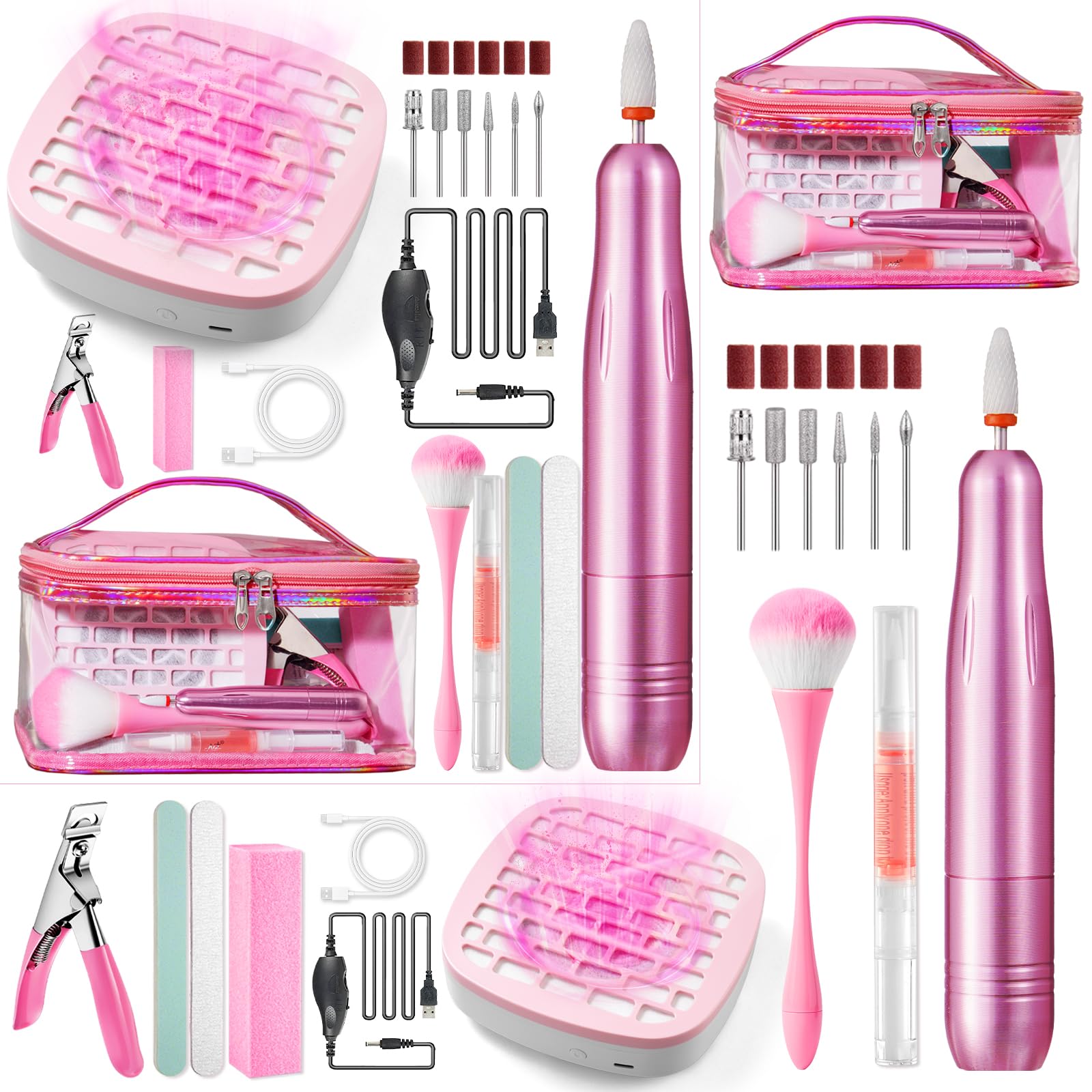 Nagelbohrer mit Staubsammler-Kit, 20000RPM Einstellbare Geschwindigkeit Elektrische Nagelfeile für Acryl & Gel Entfernung, Maniküre Pediküre Set in Transparent Wasserdicht Kosmetiktasche für Home DIY