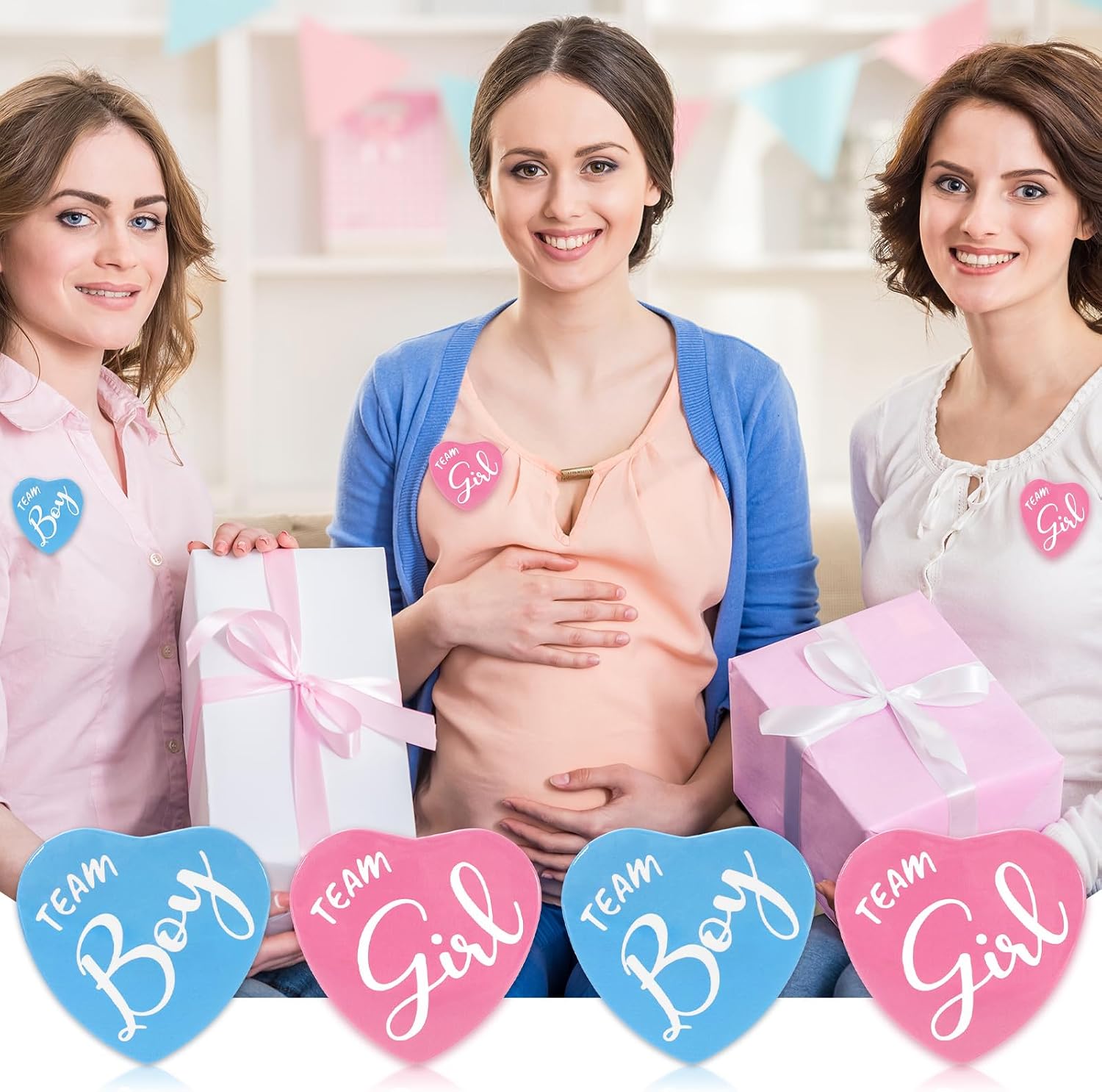 JarThenaAMCS 24 Pcs Heart Shape Gender Reveal Button Pin Team Girl Boy Button Metal Pin Badge for Baby Shower Party Favor Game Supplies, 2.3 Inch