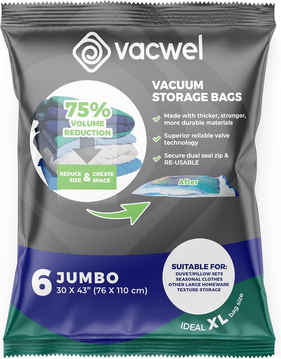 Vacwel Vacuum Storage Bags for Clothes, Quilts, Pillows, Space Saver Size Extra