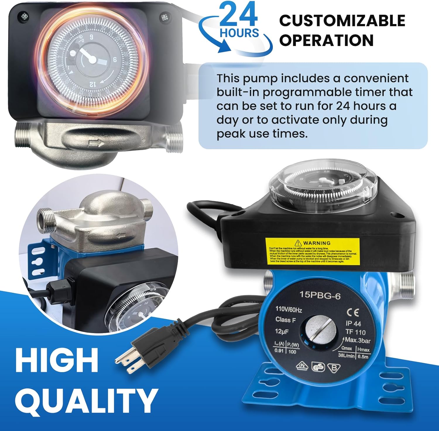 Upgraded Instant Hot Water Recirculation Pump Replacement Kit for watts 0955805 and grundfos 595916, with Programmable Timer – 2 Brass Sensor Valves (595926), 4 Supply Lines, 4 Adapters