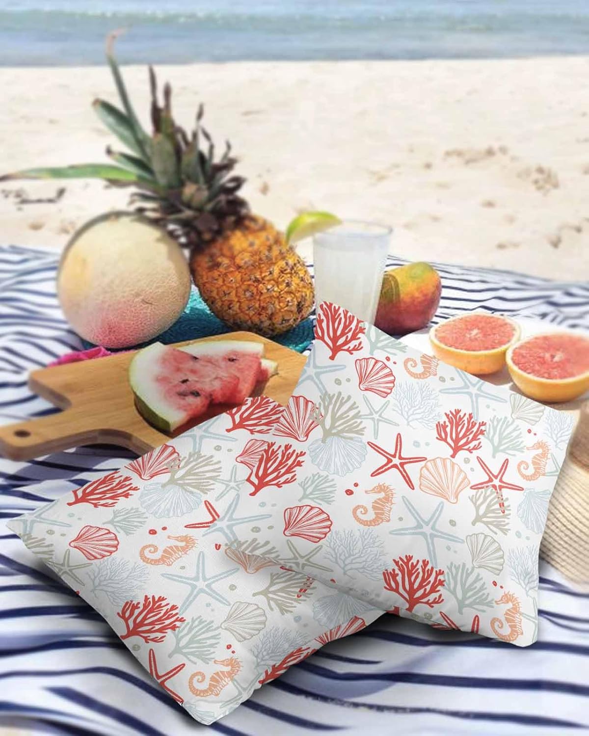 Pack of 2 Red Coral Shell Starfish Outdoor Pillow Waterproof Covers 26x26 inch, Ocean Abstract Bubble Polyester Throw Pillow Covers Garden Cushion Decorative Case for Patio Couch Decoration